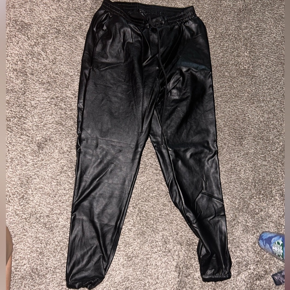 Black leather joggers